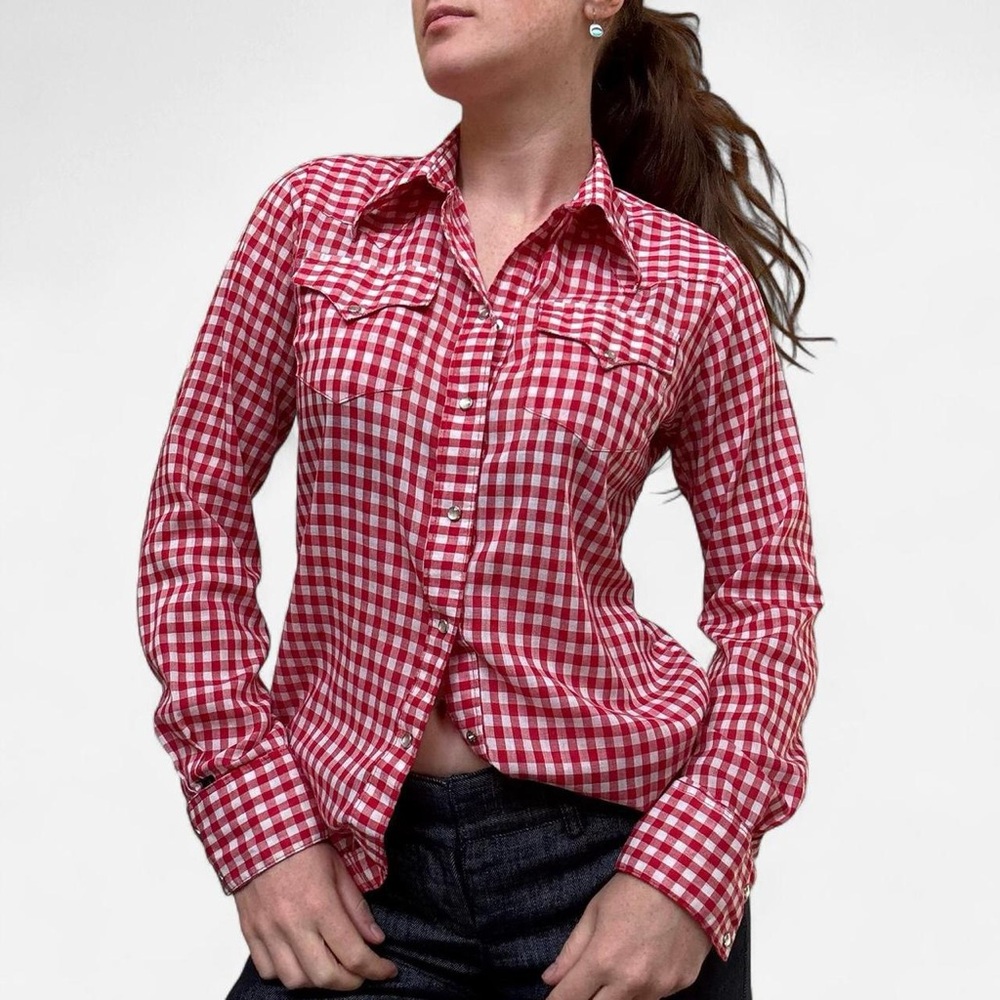 True vintage Rockmount Ranch Wear 60’s red gingham snap button shirt